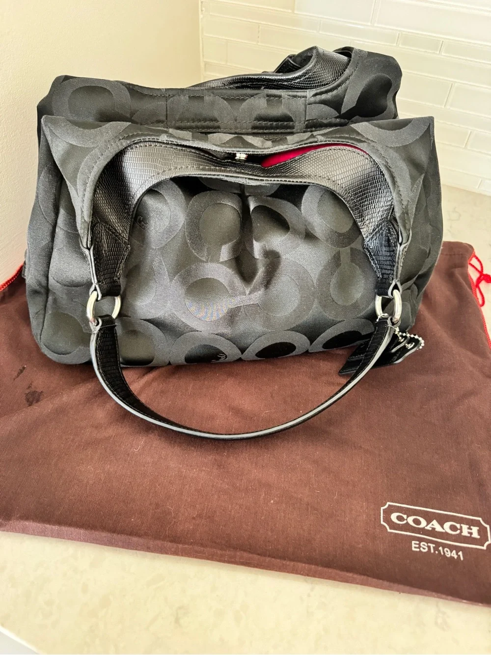 Coach Black Signature Jacquard Hobo Shoulder Bag with Silver Hardware